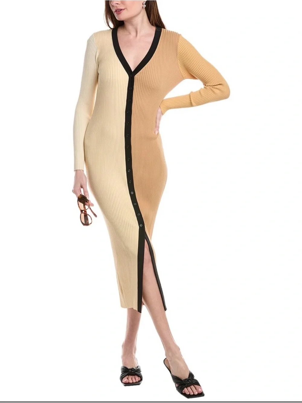 STAUD Two-Tone Ribbed Button-Front Midi Dress in Cream and Yellow - Picture 2 of 4